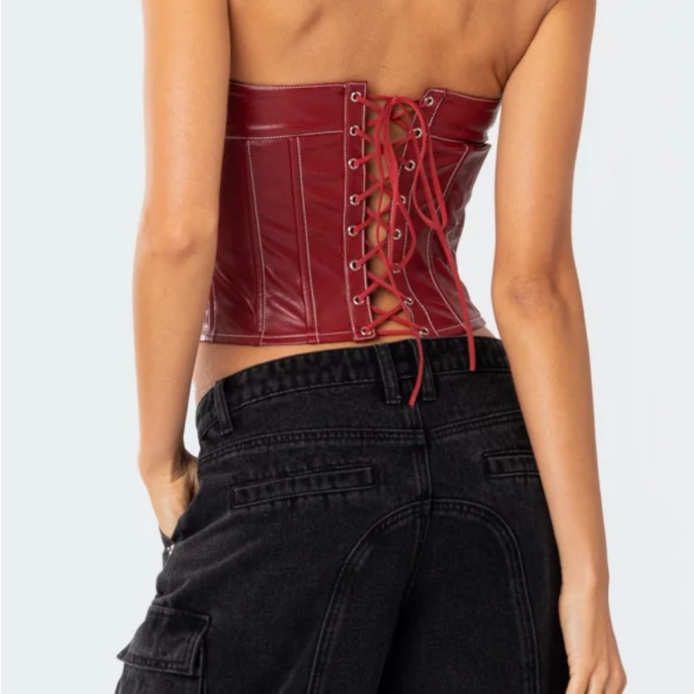 edikted red leather lace up corset top